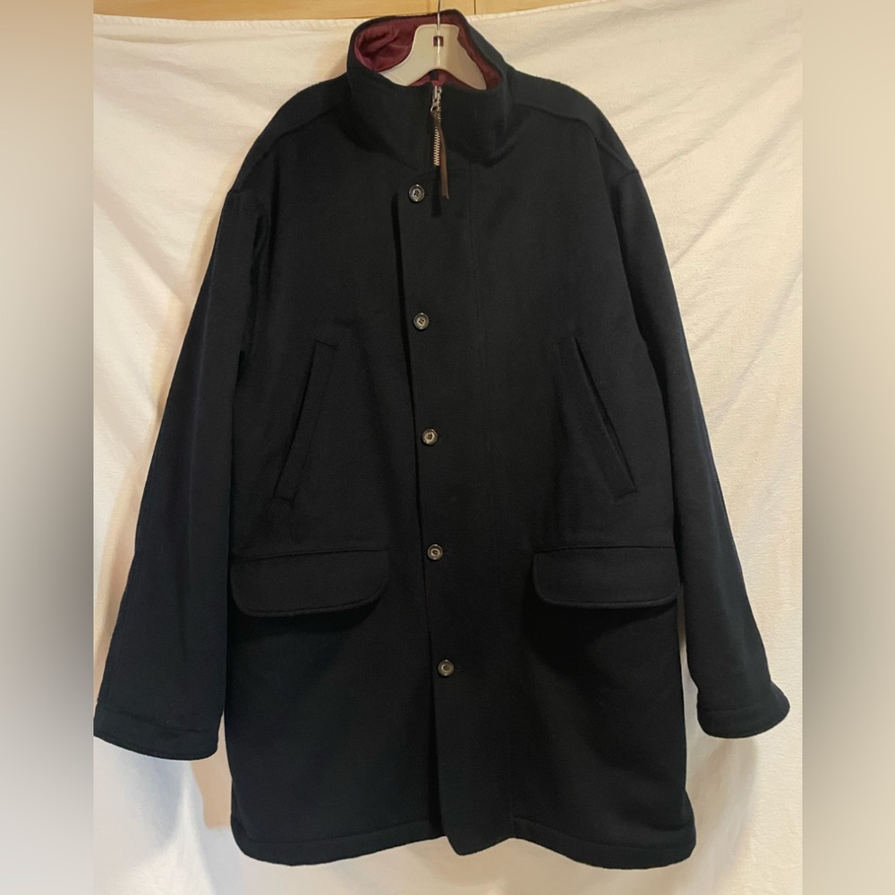 Eddie Bauer Black Wool Pea Coat with Contrast Burgundy Lining